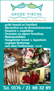 Gross' Fische Wir setzen dem Fisch die Krone auf. Große Auswahl an Frischfisch, Räuscherfisch aus der Buchenholzräucherei, Fischsalate Lübeck